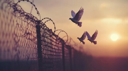 Doves Fly Free Beyond Barbed Wire Fence at Sunset