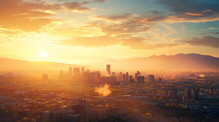 Fototapeta premium Sunset Over City Skyline with Mountains