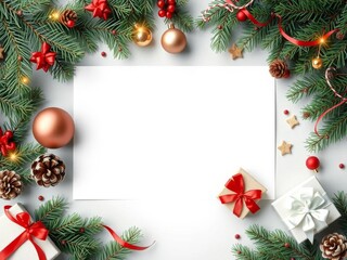 A festive Christmas poster template featuring a gift box, ribbon, ornaments, pine cones, cookies, fir branches, and a blank white paper for text, poster, cookies