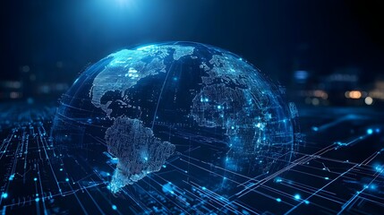 Fototapeta premium Blue hologram globe with world map with glowing data streams, ai global communication networks, virtual reality simulations, geospatial data visualization, and interactive educational experience