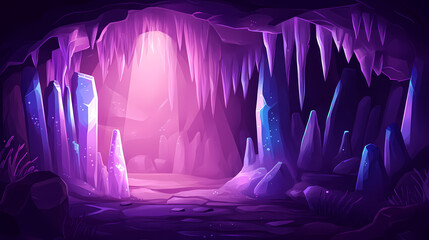 Carving in a dark, mystical cave. Cave with Stalactites. Illustration