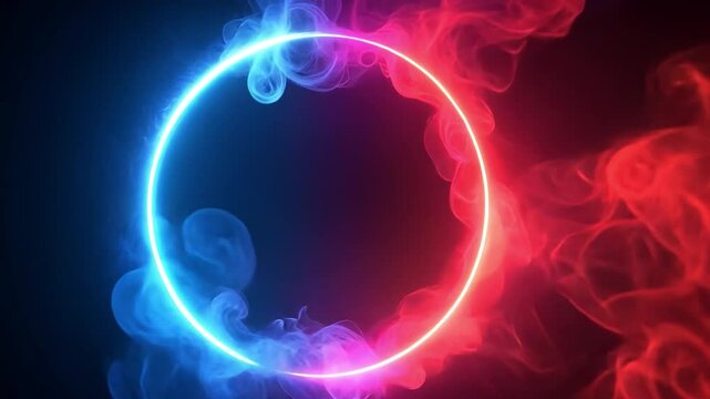 On a black background, an abstract neon ring frame with flashing fire and smoke and a blue-pink light effect