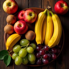 a bowl of fruit on a wooden table