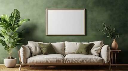 Picture frame mock-up in the interior of a modern living room on a green wall with a sofa and a plant in a vase, transparent wall art mock-up