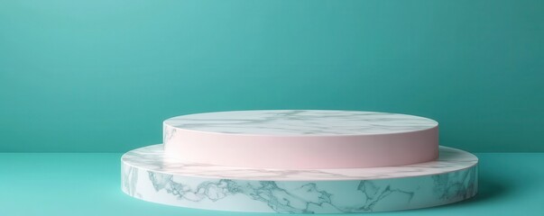 A beautifully designed, minimalistic cake with a pink layer and marbled decoration, set against a vibrant teal background.