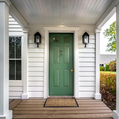 Close-up detail of a white modern farmhouse entryway featuring a bright green front door, matte black light fixtures on each side, and a covered porch supported by white pillars.