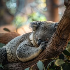 Obraz premium A serene image of a koala peacefully sleeping on a tree branch, surrounded by lush green foliage and bathed in soft sunlight.