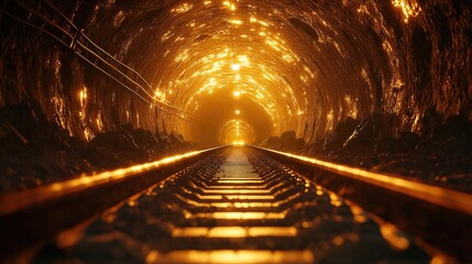 A dark tunnel with rails and glowing lights. This photo represents a journey towards an unknown...