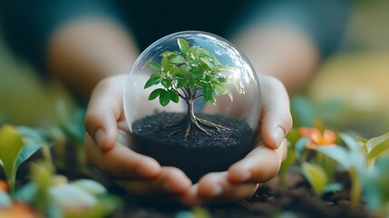 Hands clasped around a miniature tree growing out of a globe, framed by a vibrant summer scene with clear blue skies and colorful exotic flowers