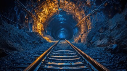 Naklejka premium Train tracks lead through a dark tunnel. This photo represents a journey through an unknown and mysterious place.