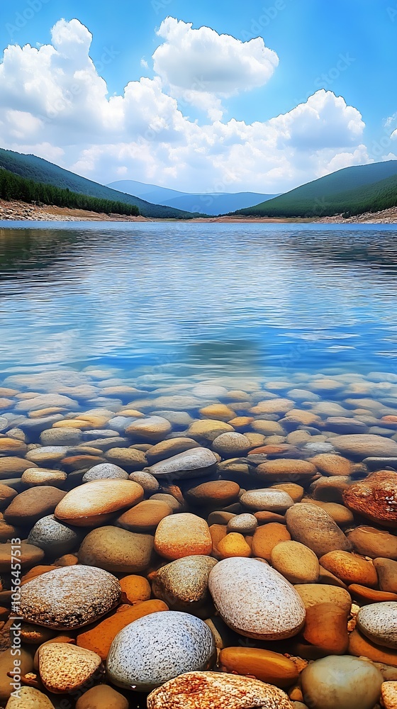 Poster serene mountain lake with smooth stones and clear sky : generative ai