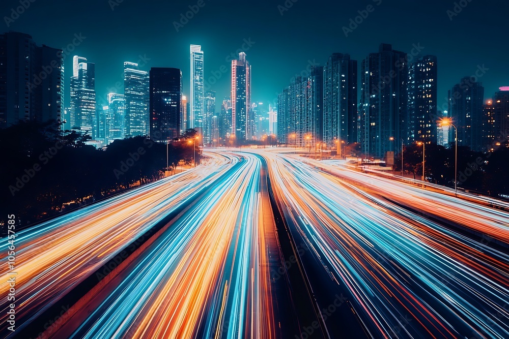 Poster vibrant nightscape of futuristic city with dynamic light trails on expressway : generative ai