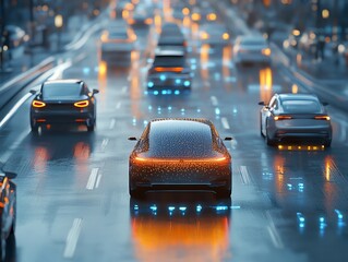 A futuristic electric car drives on a wet city road at night, with other cars in the distance and...