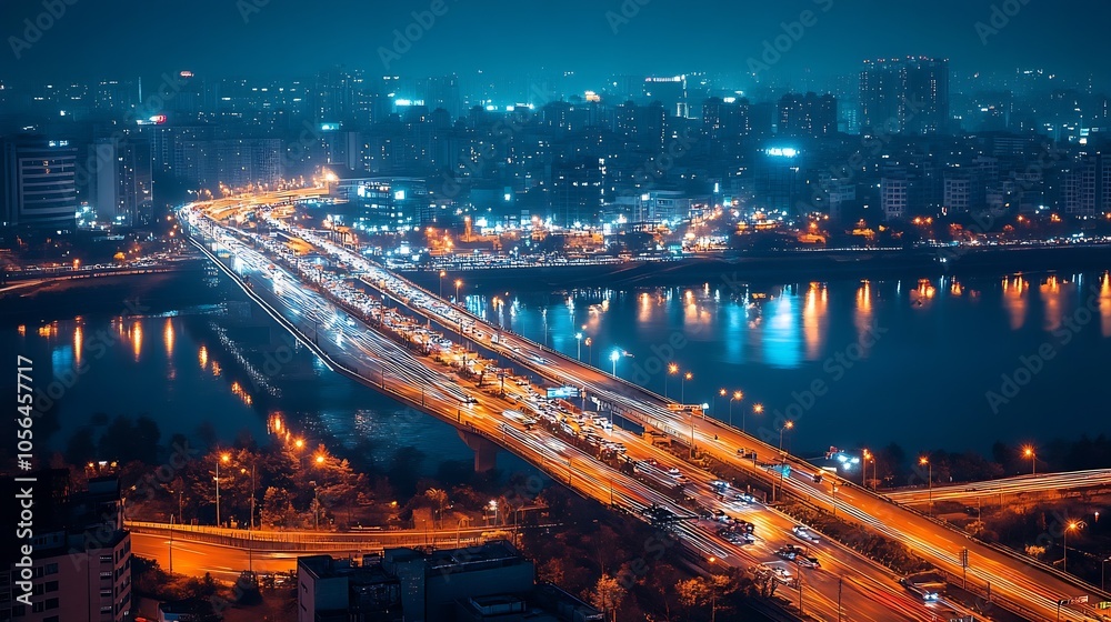 Poster nighttime cityscape with illuminated highway and reflections on water : generative ai