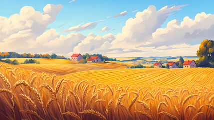 Abundant wheat fields in a scenic rural landscape signify a bountiful harvest. Golden Harvest Fields. Illustration