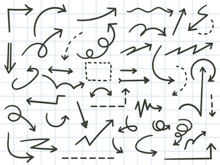 Hand drawn simple lines black arrows in various style. arrows collection