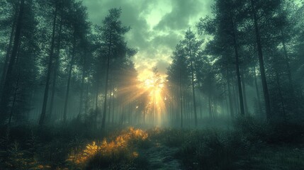 Fototapeta premium A serene forest scene with sunlight filtering through trees.