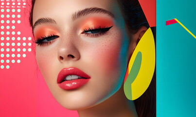 Modern Beauty Concepts: Women in Dynamic Urban and Natural Environments, Featuring Bold Geometric Designs and Retro Album Cover Inspirations