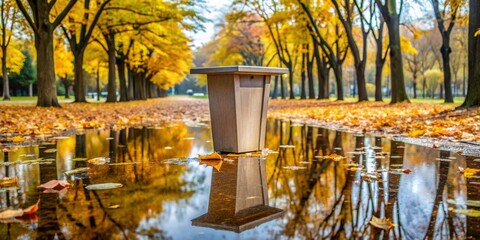 Autumn Reflection A Wooden Bench Stands Alone in a Puddle of Golden Leaves and Tree Reflections