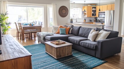 Obraz premium A beige living room with dark gray sectional, teal blue area rug, and wooden furniture