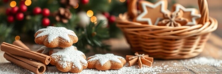 Basket filled with assorted Christmas cookies on rustic wooden background, festive, homemade