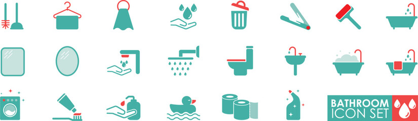 The bathroom solid icon set, Set of bathroom icons, bathtub, heated rail, shower stand, wash basin, faucet, toilet