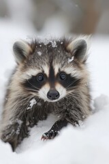 Obraz premium Close-up of a cute raccoon in a snowy environment, showcasing its fluffy fur and curious expression.