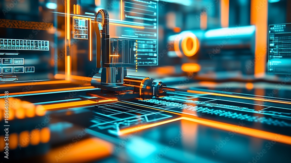 Poster futuristic ai interface concept digital technology orange blue cybernetic visualization : generative