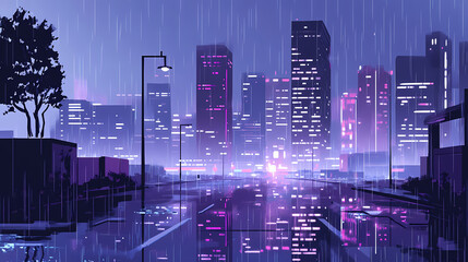 An elegant, futuristic cityscape at dusk, with sleek skyscrapers illuminated by neon lights reflecting off of glistening rain-soaked streets below.". Rain-soaked Streets. Illustration