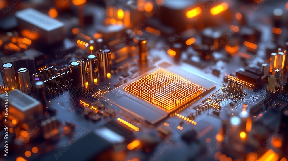 Poster Glowing Computer Circuit Board with Microchip in Futuristic Design : Generative AI