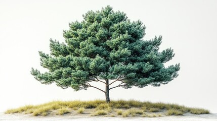 Fototapeta premium A lush green tree standing on a grassy mound against a light backdrop.