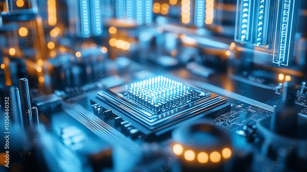 Poster futuristic microchip circuit board with glowing blue and orange lights : generative ai