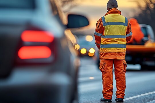 Road Worker in Orange Reflective Gear Directing Traffic at Dusk : Generative AI