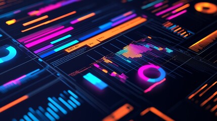 Colorful Digital Data Dashboard Displaying Animated Graphs and Charts : Generative AI
