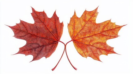 Fototapeta premium Intricate maple leaf clipart, vivid autumn colors of red and orange, high-detail texture and veins, crisp design isolated on white, seasonal element