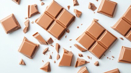 Close-up of broken milk chocolate squares, silky texture and slight sheen on a pure white background, capturing the rich, mouthwatering surface details