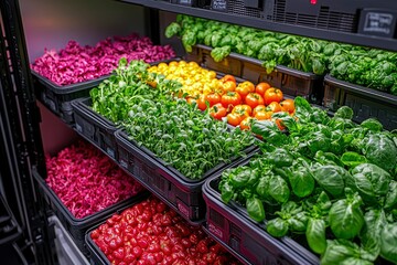A Vertical Hydroponic System Growing Various Types of Leafy Greens and Vegetables