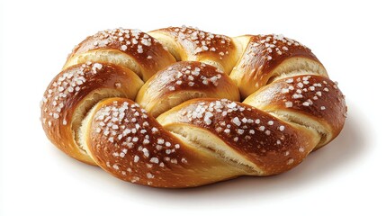 Freshly baked pretzel with a warm brown sheen and chunky salt, perfectly centered on a clean white background, subtle shadows for depth