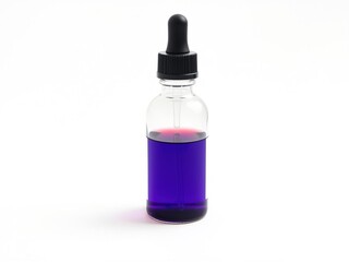 A dropper bottle with a clear label filled with liquid on a white background, dropper, top view
