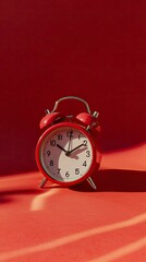 Vibrant red alarm clock on a rich, warm background