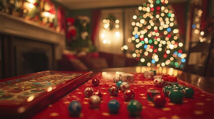 A holidaythemed game night with friends surrounded by snacks, decorations, and board games focus on, playful celebration, surreal, overlay, dining room table backdrop