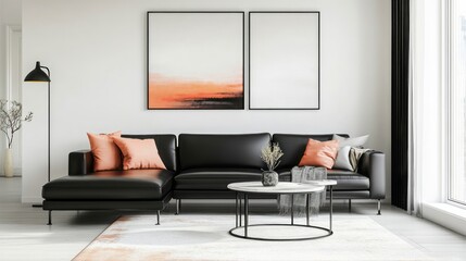A chic black-and-white living room with white walls, a black leather sofa, and peach accents in the decor, such as throw pillows and artwork