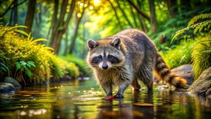 Naklejka na ściany i meble Panoramic View of a Raccoon in Its Natural Habitat - Stunning Wildlife Photography