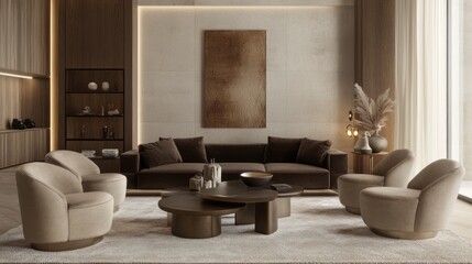 A chic living room featuring soft beige walls, a dark brown sofa, and beige accent chairs