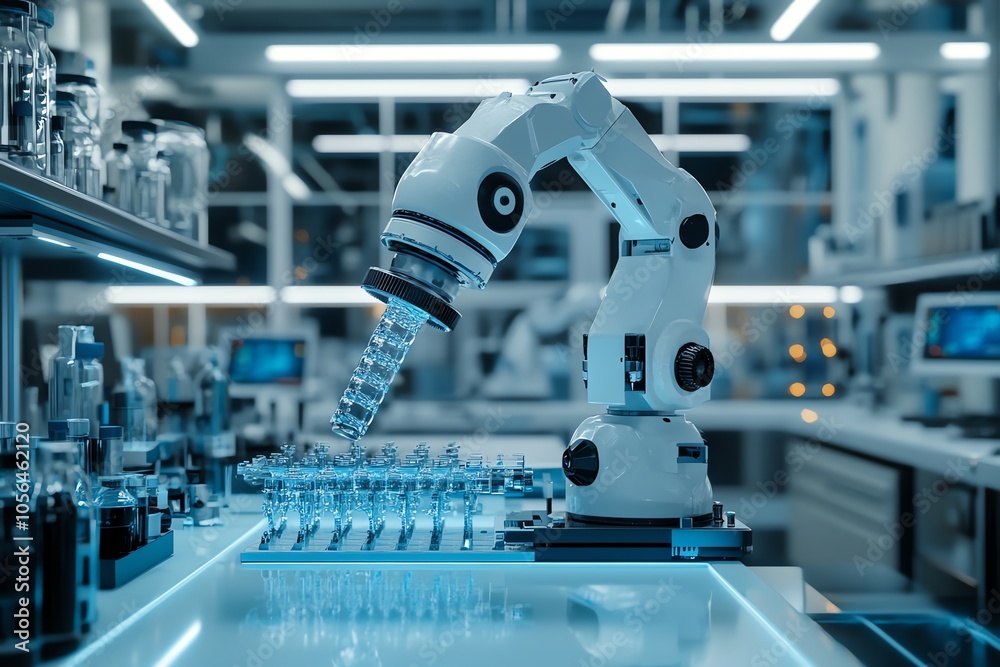 Poster a robotic arm in a laboratory setting, working with test tubes and other scientific equipment.