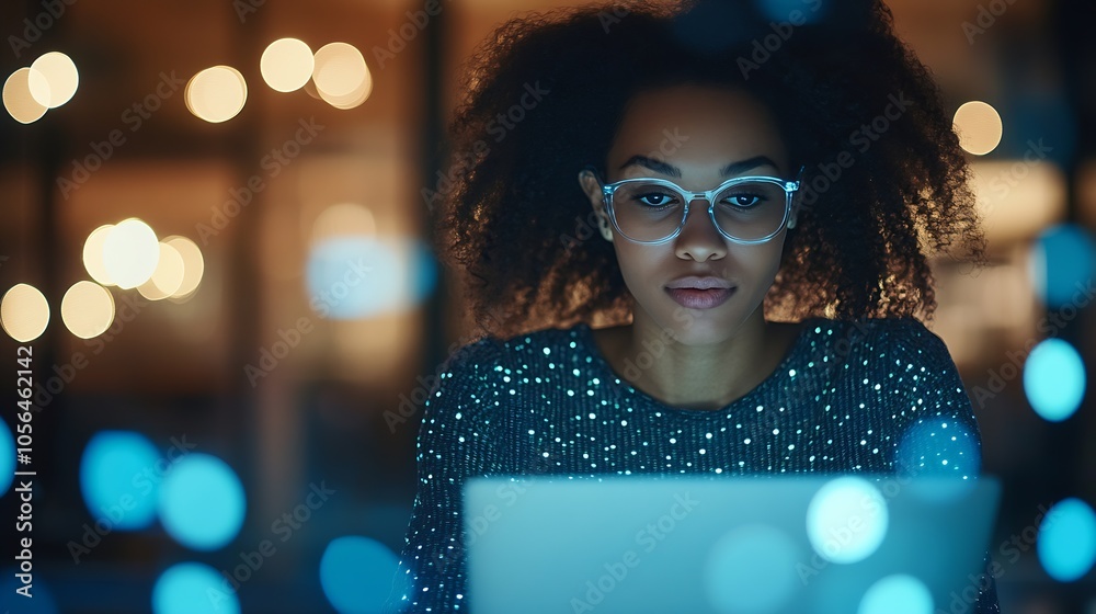 Poster focused woman working on laptop with bokeh lights in background office : generative ai