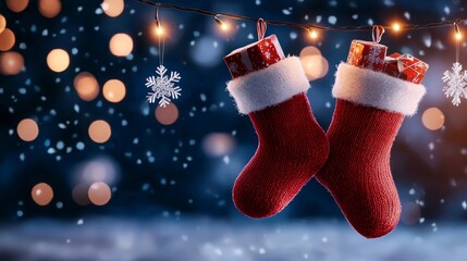 Close-up of Christmas socks filled with candy canes, toys, and ornaments, stylized illustration, isolated on white background