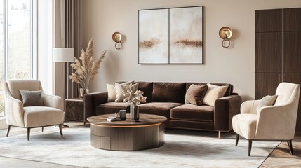 Fototapeta premium A chic living room featuring soft beige walls, a dark brown sofa, and beige accent chairs