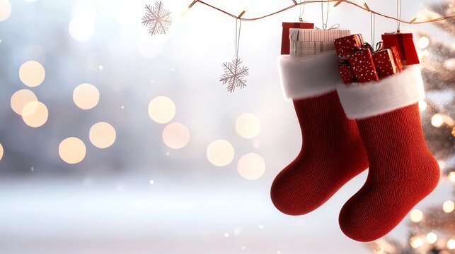 Close-up of Christmas socks filled with candy canes, toys, and ornaments, stylized illustration, isolated on white background