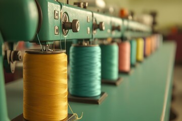 Industrial Sewing Machines with Colorful Threads in Textile Factory Setting : Generative AI